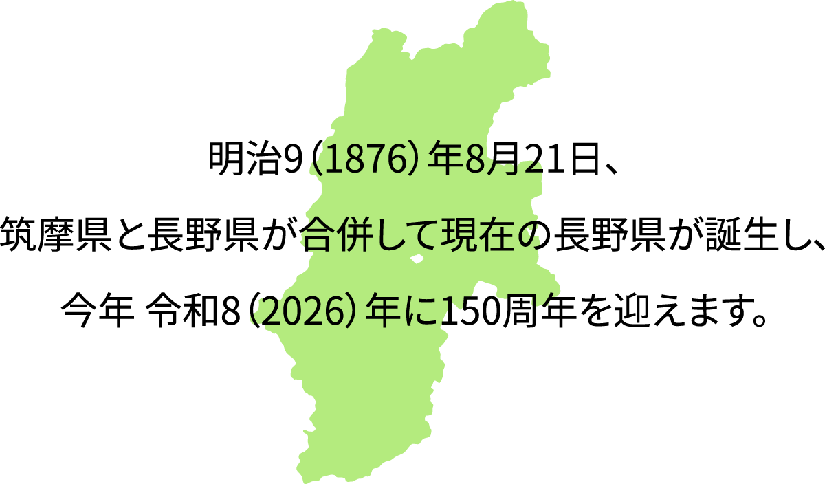 明治9（1876）年8月21日、筑摩県と長野県が合併して現在の長野県が誕生し、今年 令和8（2026）年に150周年を迎えます。